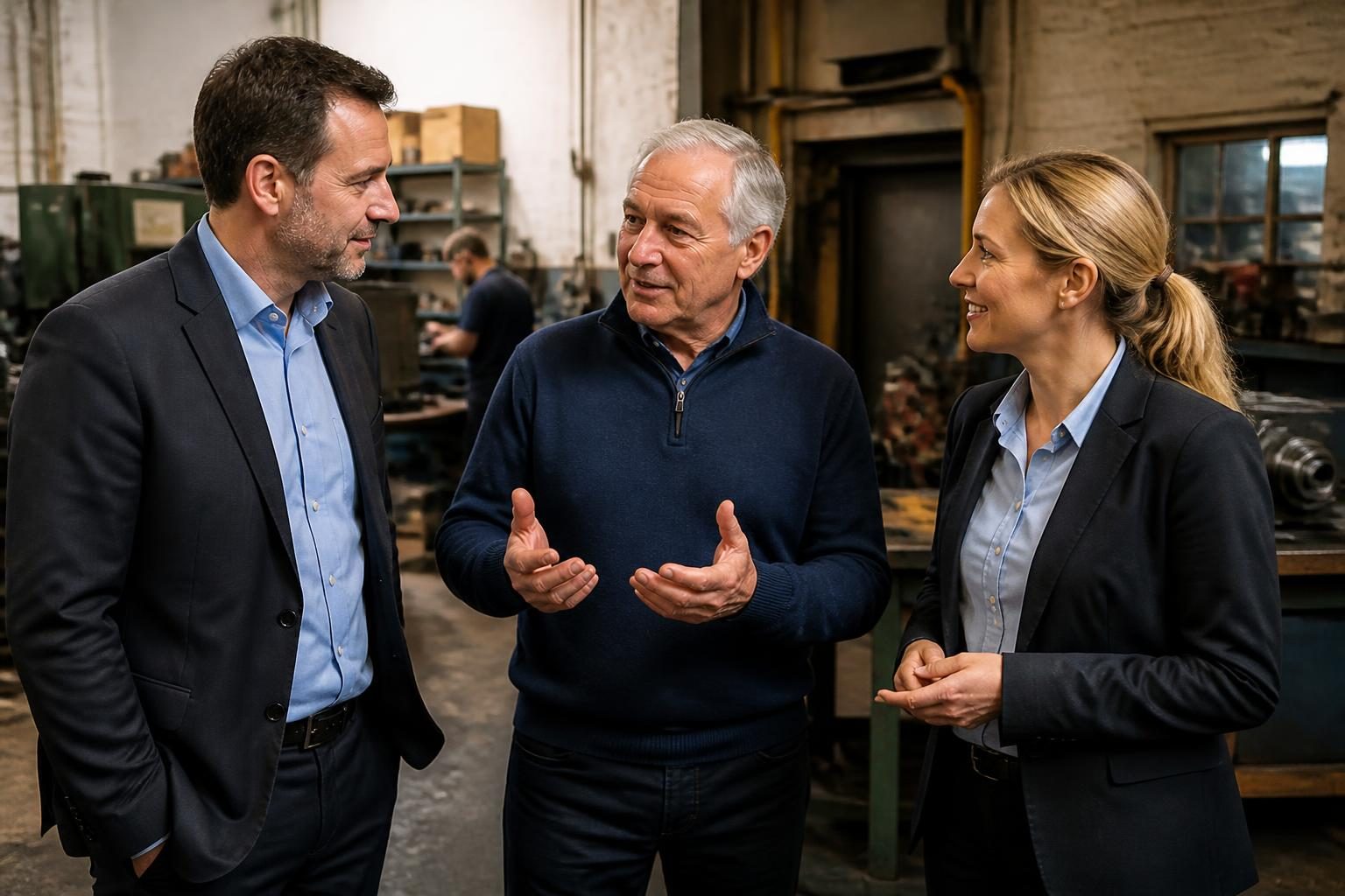 A family business owner with two senior managers standing in their workshop