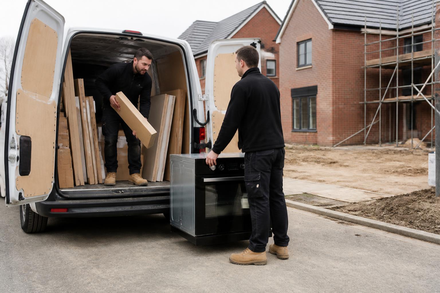 Kitchen installation team unloading flat-packed units and an integrated oven from a white van on a UK new-build housing estate, plots and scaffolding behind