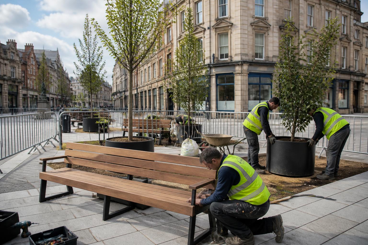Commercial landscapers planting semi-mature trees and fixing timber benches in a newly paved UK town centre square, barriers around the work area
