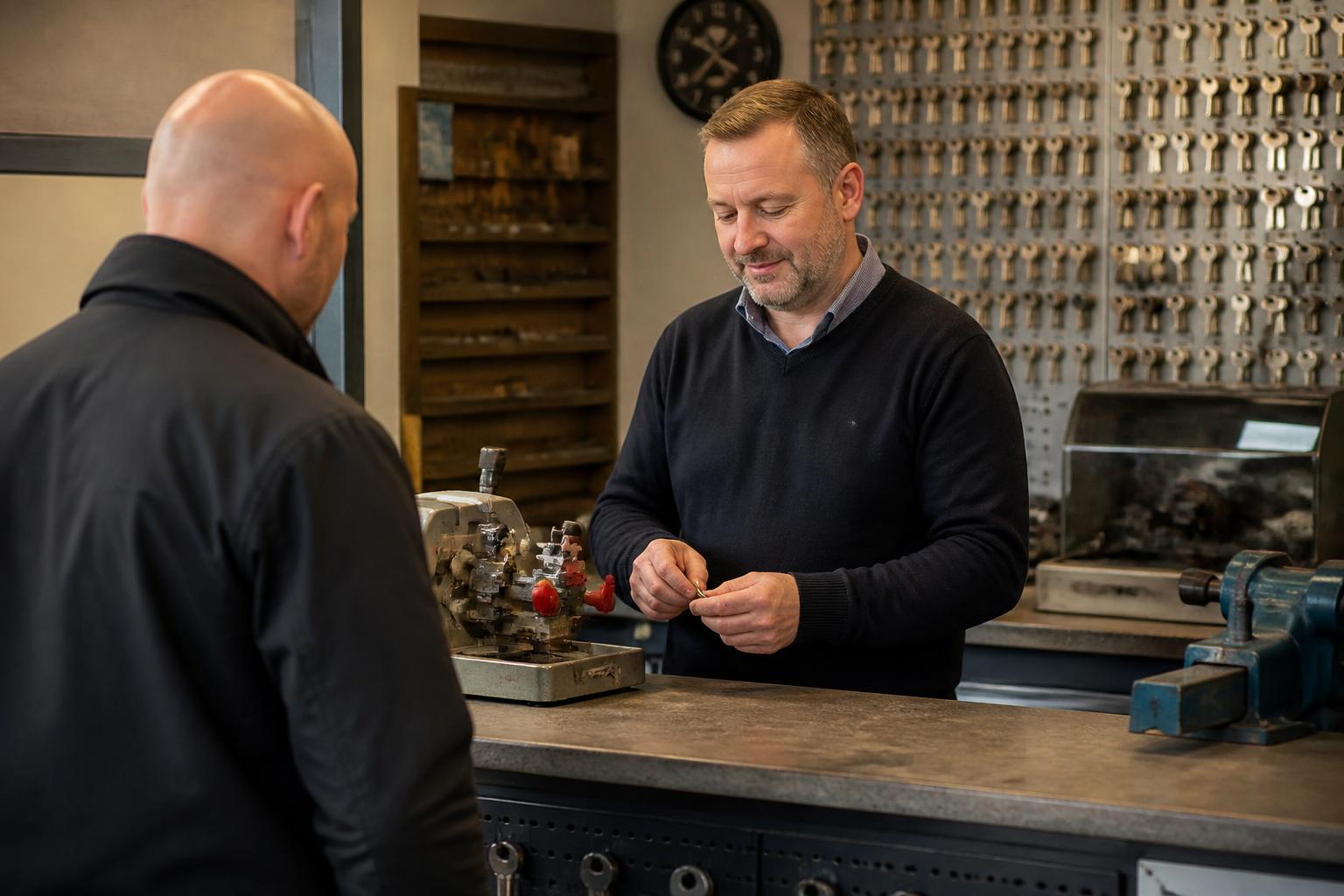 Key cutting counter and locksmith workshop inside a UK high street security shop