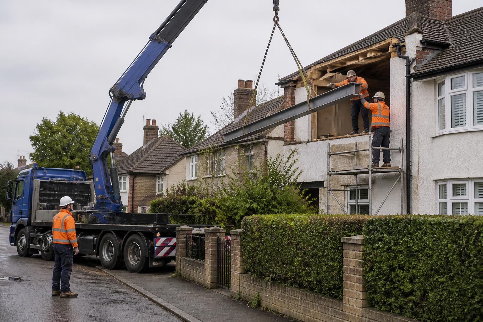Two carpenters guiding a steel beam through an opened roof into a loft on a UK suburban semi-detached house, with a lorry-mounted crane parked on the street