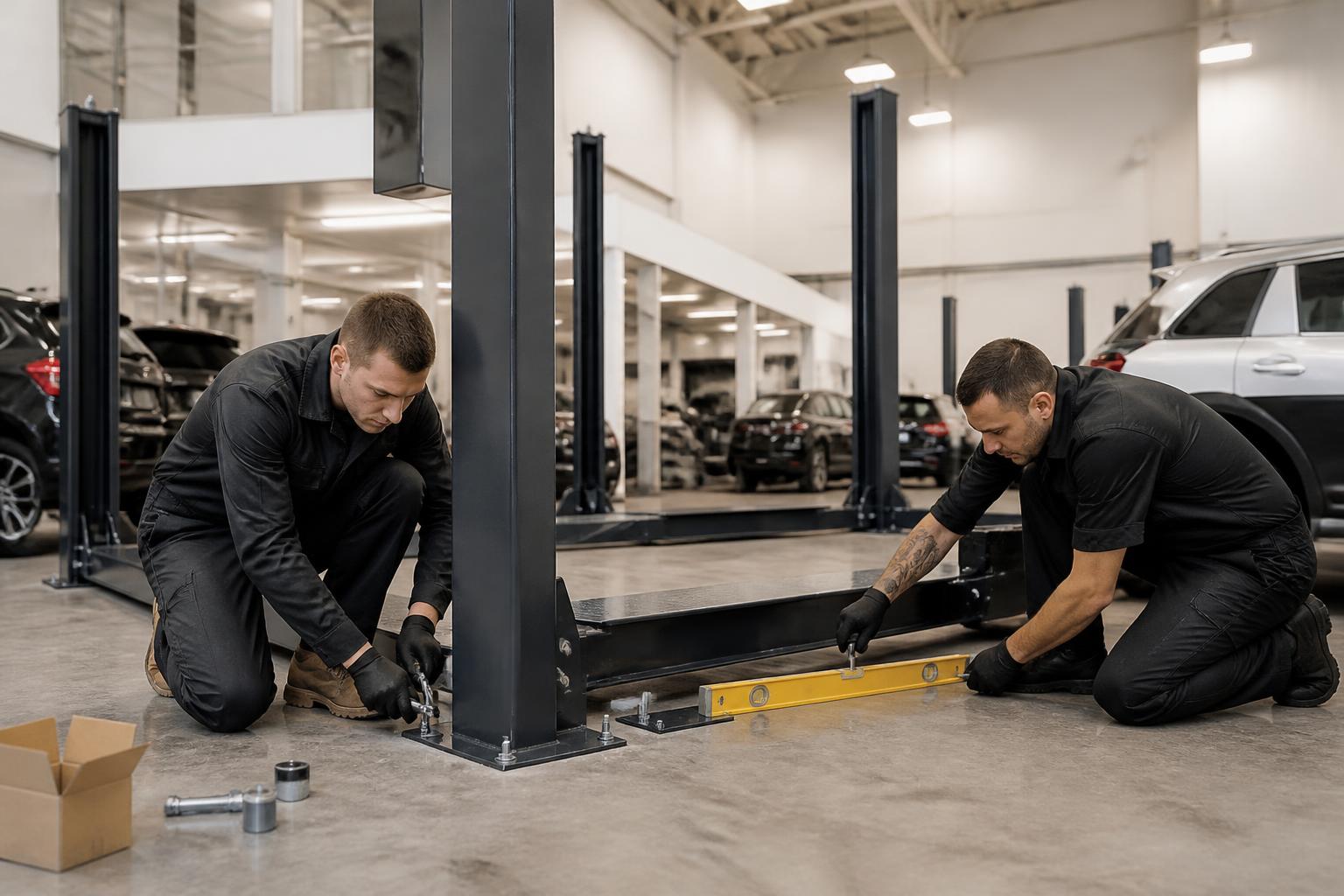 Two engineers in branded workwear bolting down and levelling a four-post vehicle lift in a bright UK dealership workshop