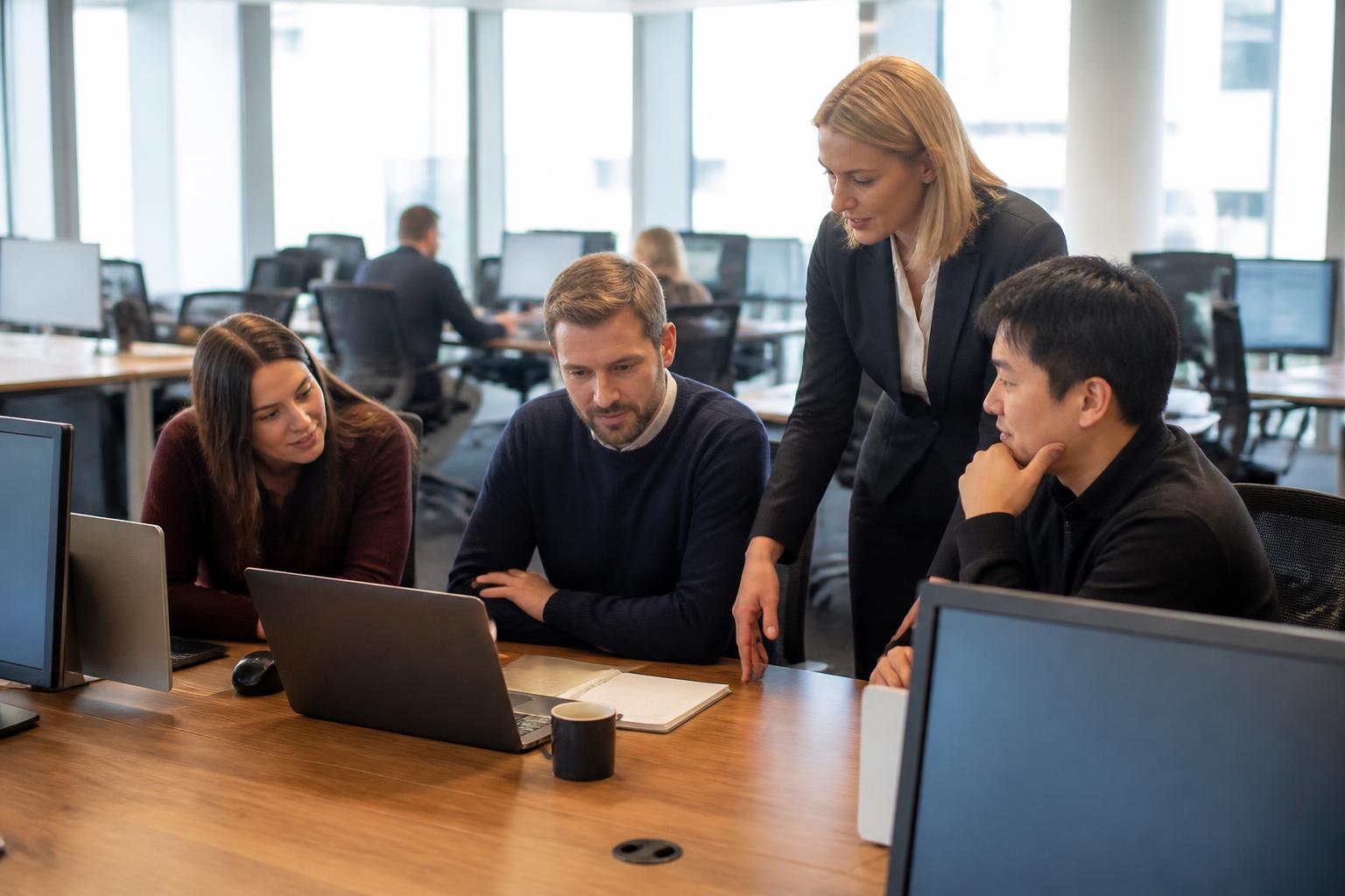 Management Liability Insurance 2 Managers and staff around a desk in an open plan UK company office