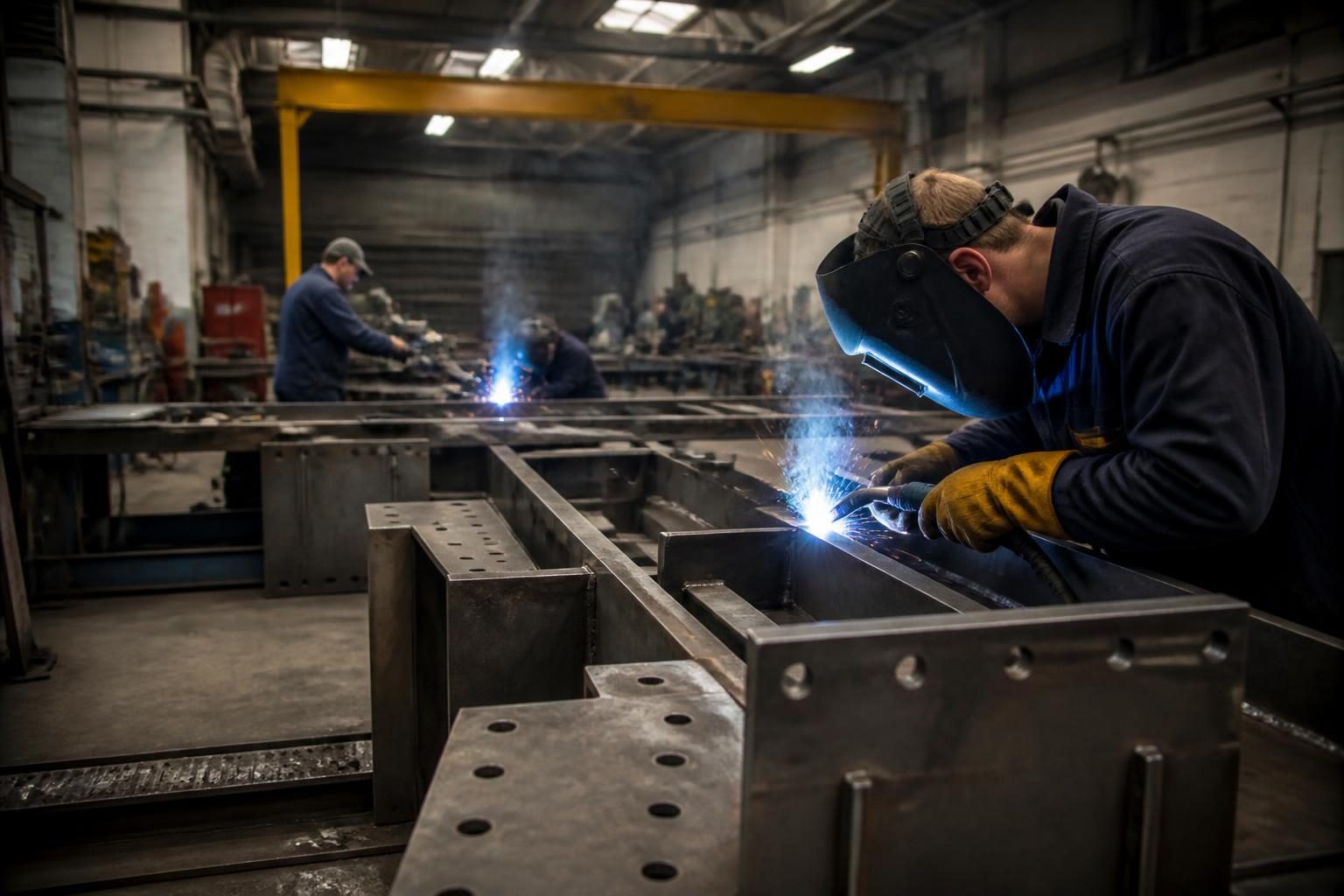 An engineering fabrication workshop with welders and steel components
