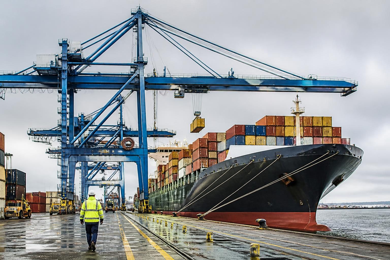 A container ship being unloaded by cranes at a UK port