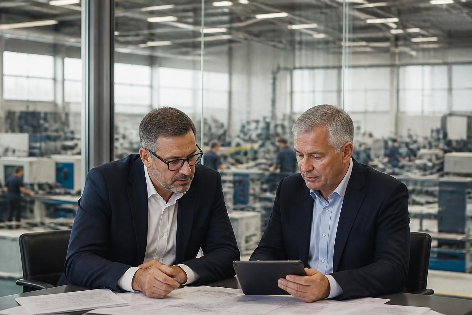 Business Protection 2 Managing director and finance director reviewing figures in an office above a factory floor
