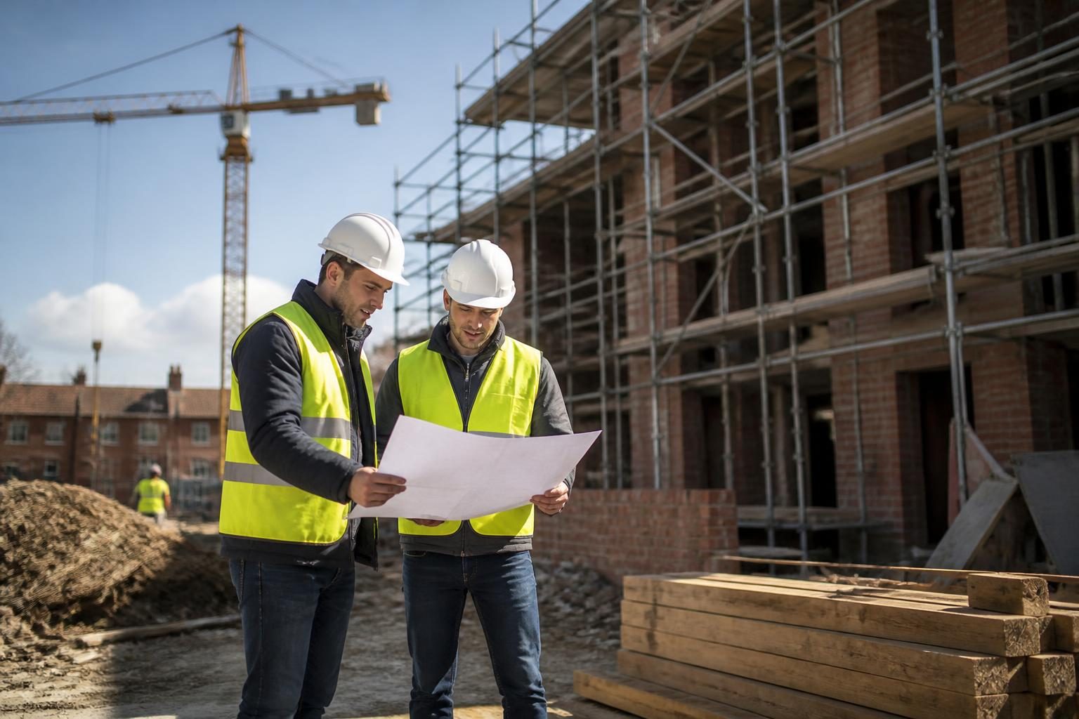 Site managers in hard hats checking plans on a UK construction site