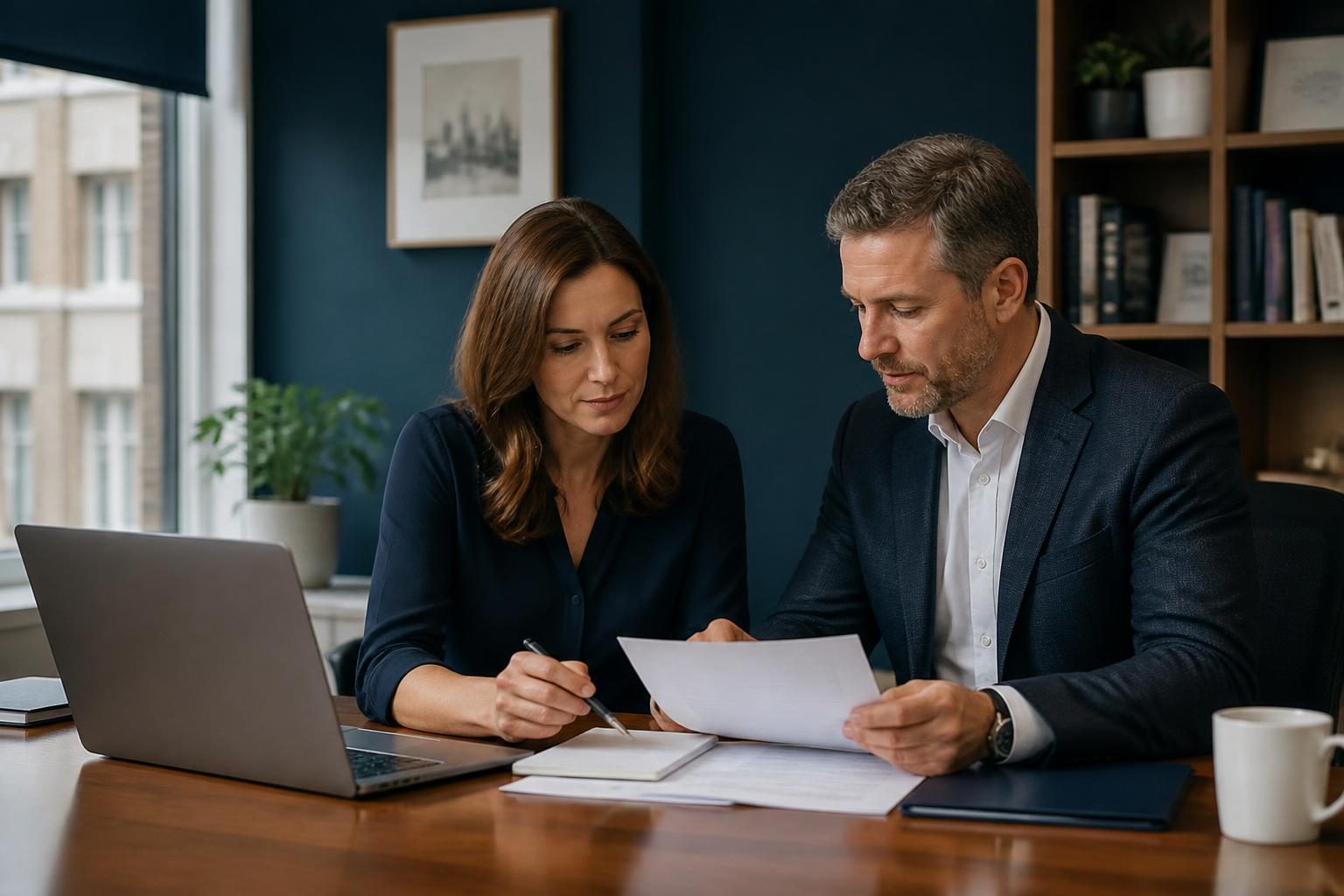 Two directors reviewing liability insurance documents at an office desk