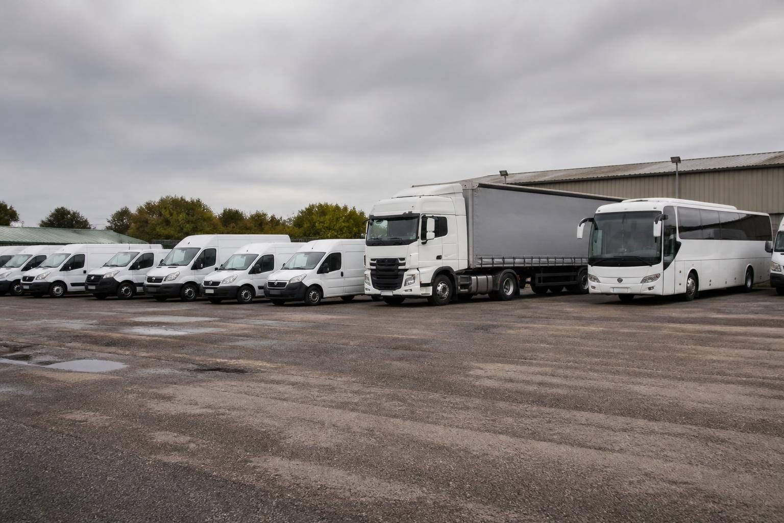 Fleet, Motor and Transport 2 UK fleet depot with vans, a curtain-sided lorry and a coach