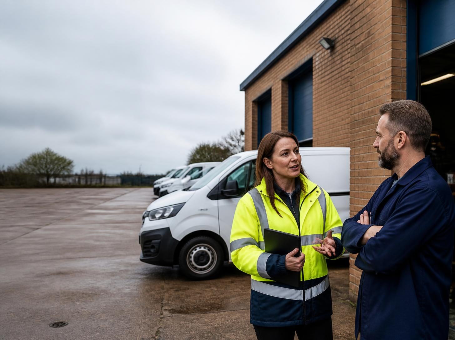 Fleet manager in hi-vis talking with a company director beside commercial vans at a UK depot