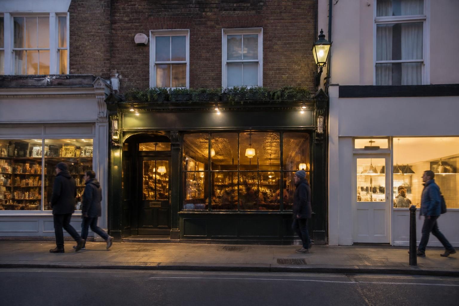 British high street pub and independent shop in the early evening