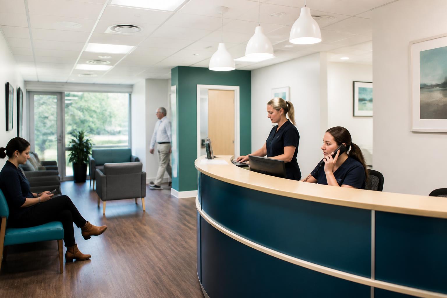 Reception and waiting area of a UK multi-practitioner health clinic with staff at the desk