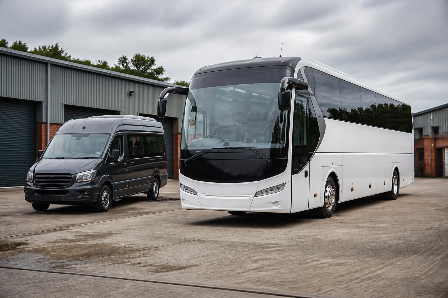 A minibus and a coach parked at a UK operator's depot