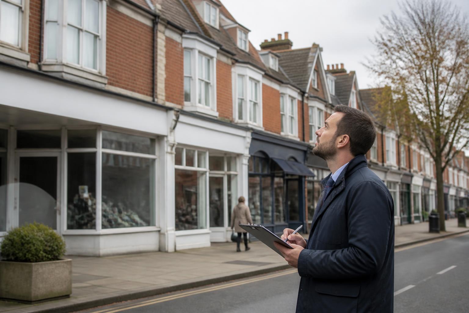 Property manager outside a parade of shops with maisonettes above in a UK town