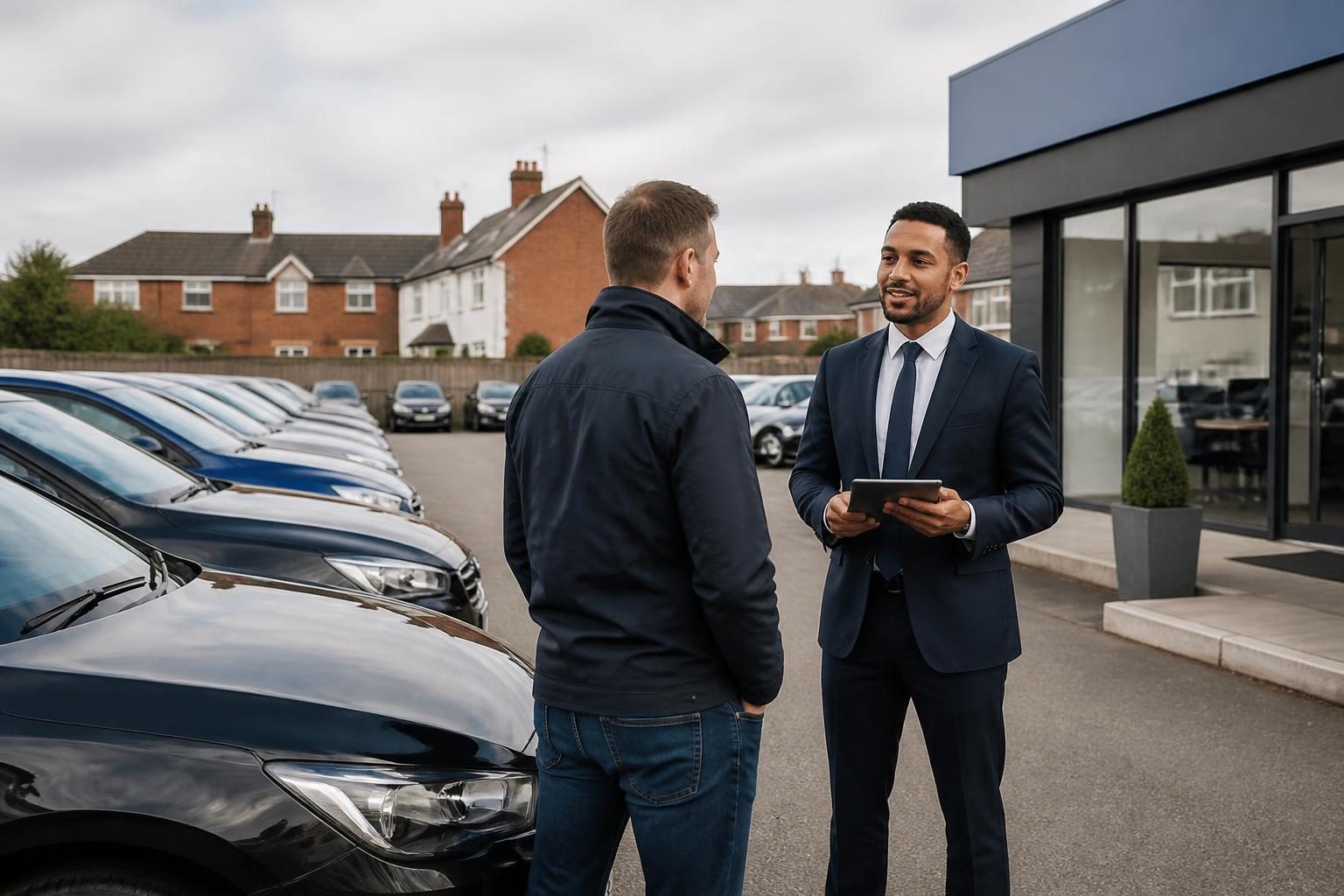 Motor Trade Insurance 2 A used car dealership forecourt with cars lined up and a sales office