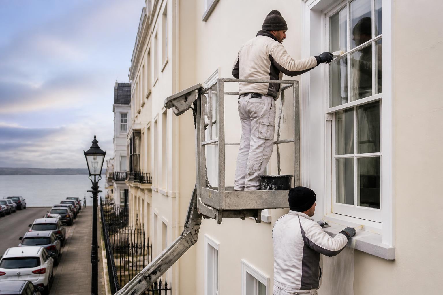 Painter on a scaffold lift brushing gloss onto the timber sash windows of a cream-rendered Georgian terrace in a UK seaside town, a colleague masking the frames below