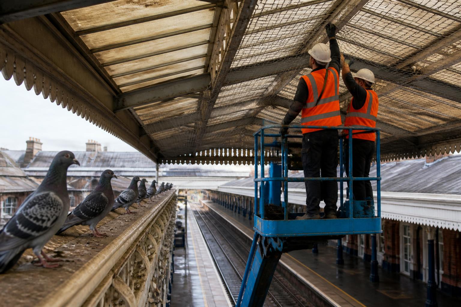 Pest Control Insurance 2 Two bird control operatives on a cherry picker fitting netting beneath the canopy of a UK railway station platform, pigeons gathered on a nearby ledge