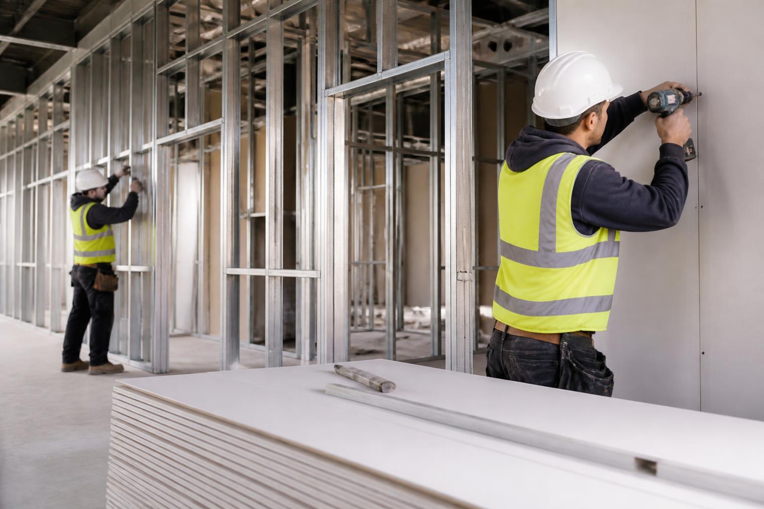Plasterers Insurance 2 Drylining team fixing metal stud partitions with stacked plasterboard on a commercial site