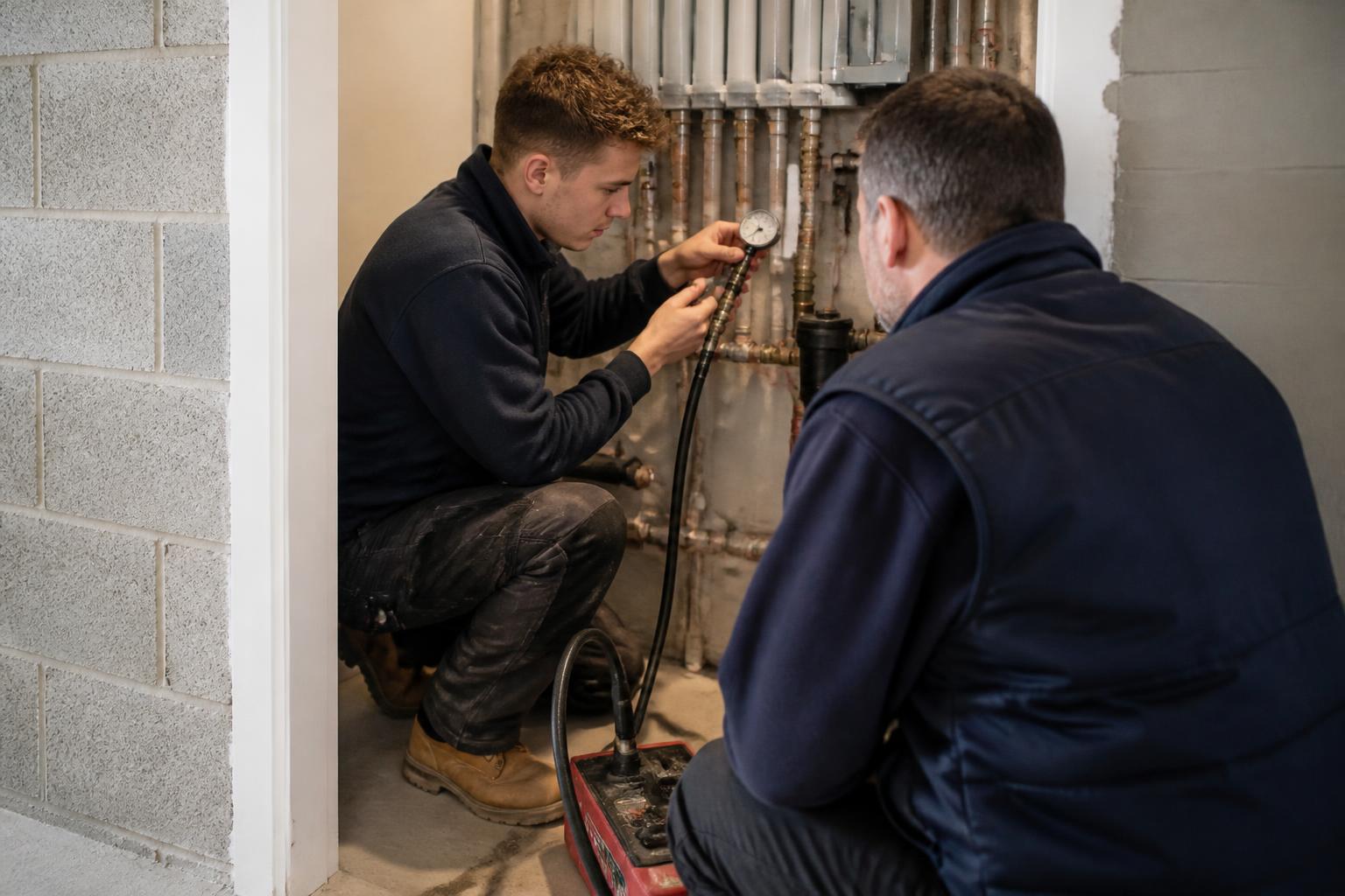 Plumbing apprentice and supervisor pressure testing new pipework in a plant cupboard at a UK block of flats under construction