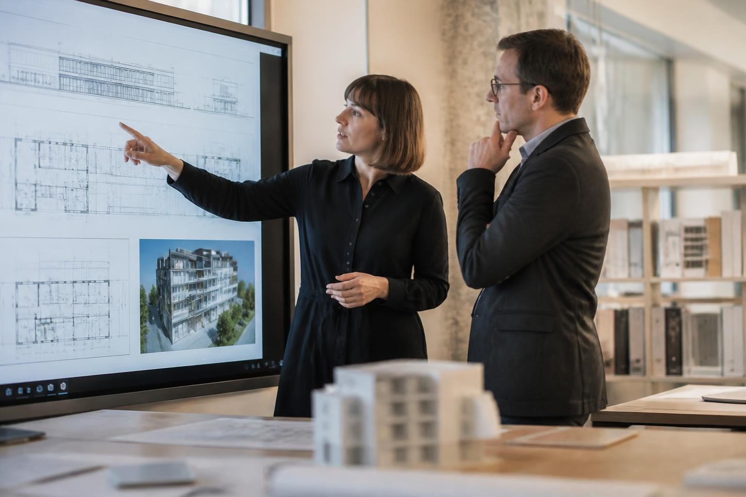 Architects reviewing building plans on a large screen in a design studio