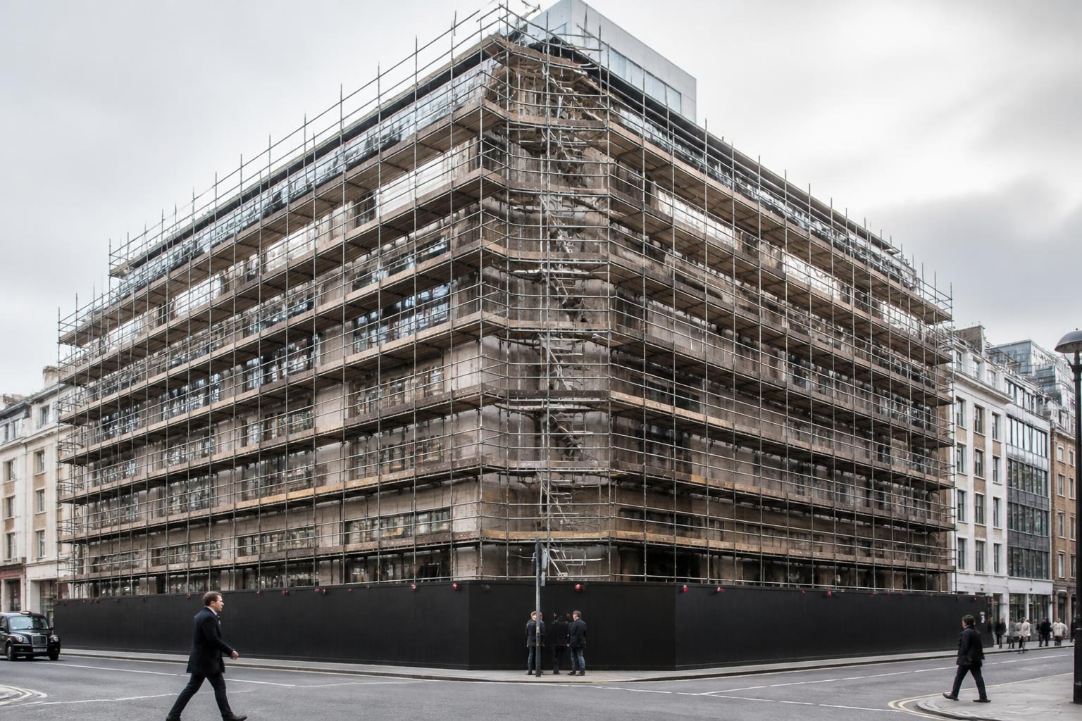 Former UK office building wrapped in scaffolding during conversion to apartments
