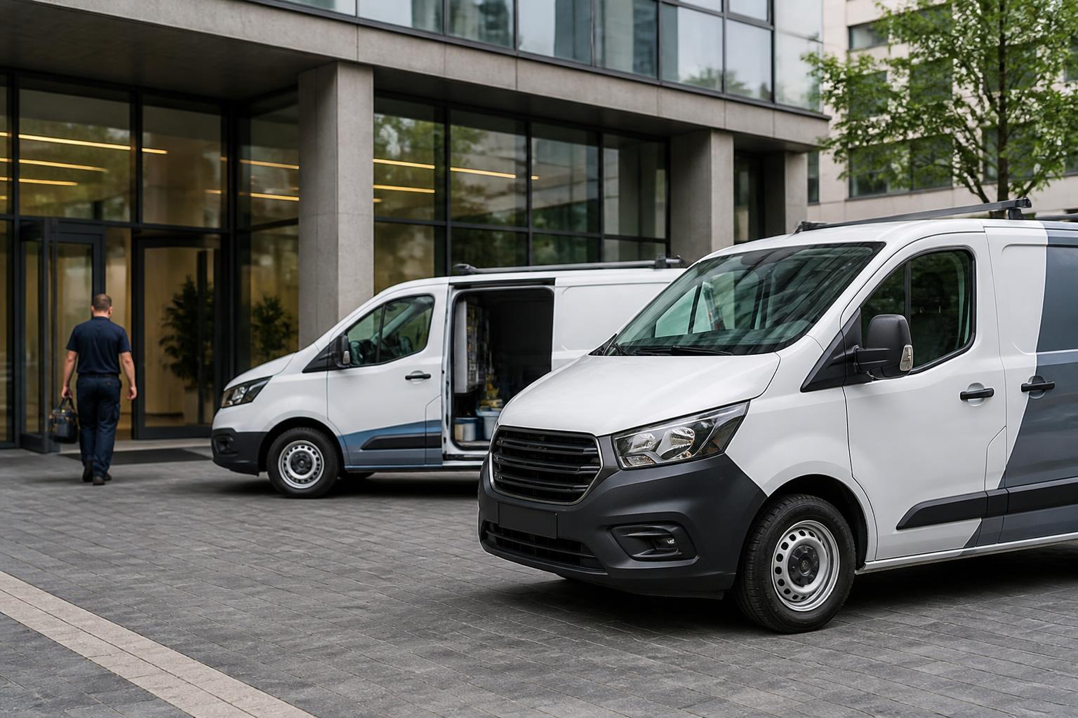 Maintenance contractor's liveried vans parked outside a UK office block on a service visit