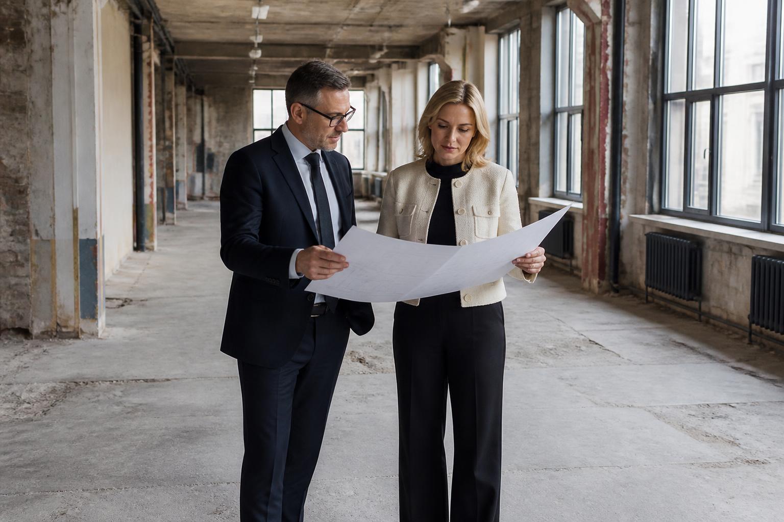 Property Under Renovation Insurance 2 Project manager and building owner reviewing plans inside a stripped out UK commercial floor