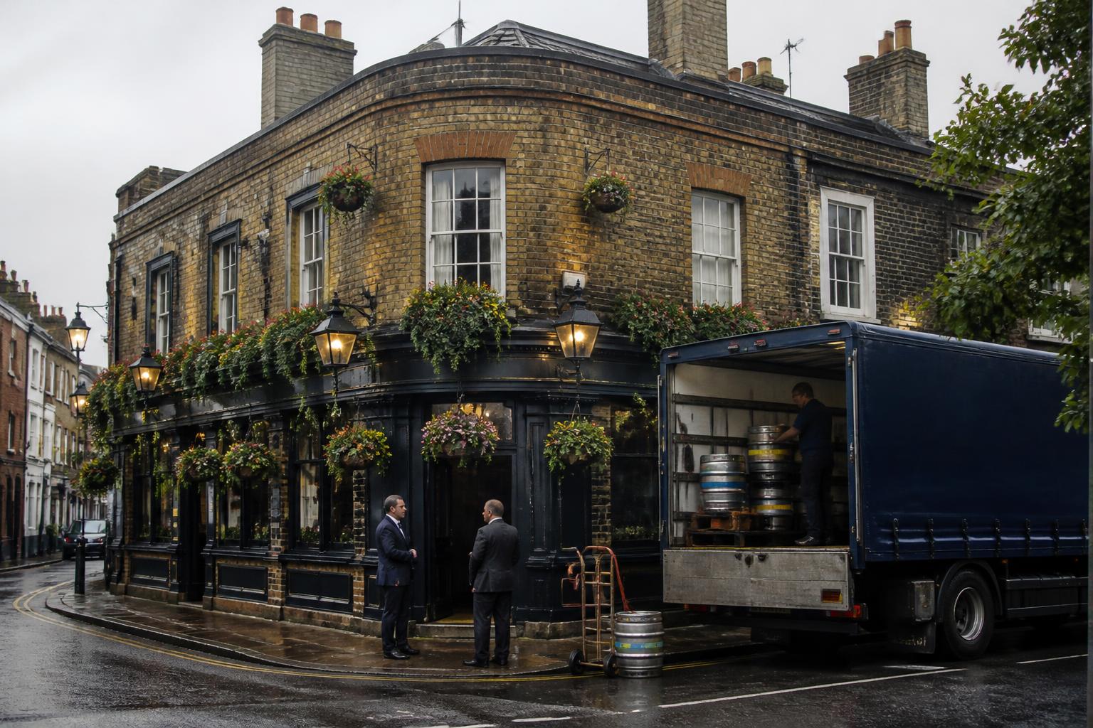 Brick-built UK corner pub with hanging baskets and a delivery dray parked outside