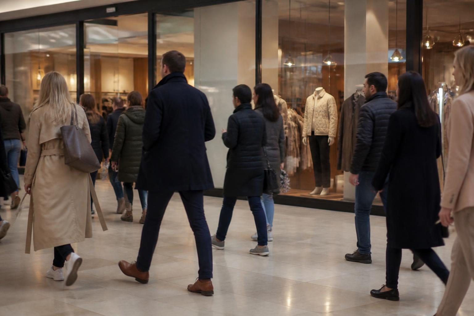 Members of the public walking through a UK shopping centre concourse past a retail unit