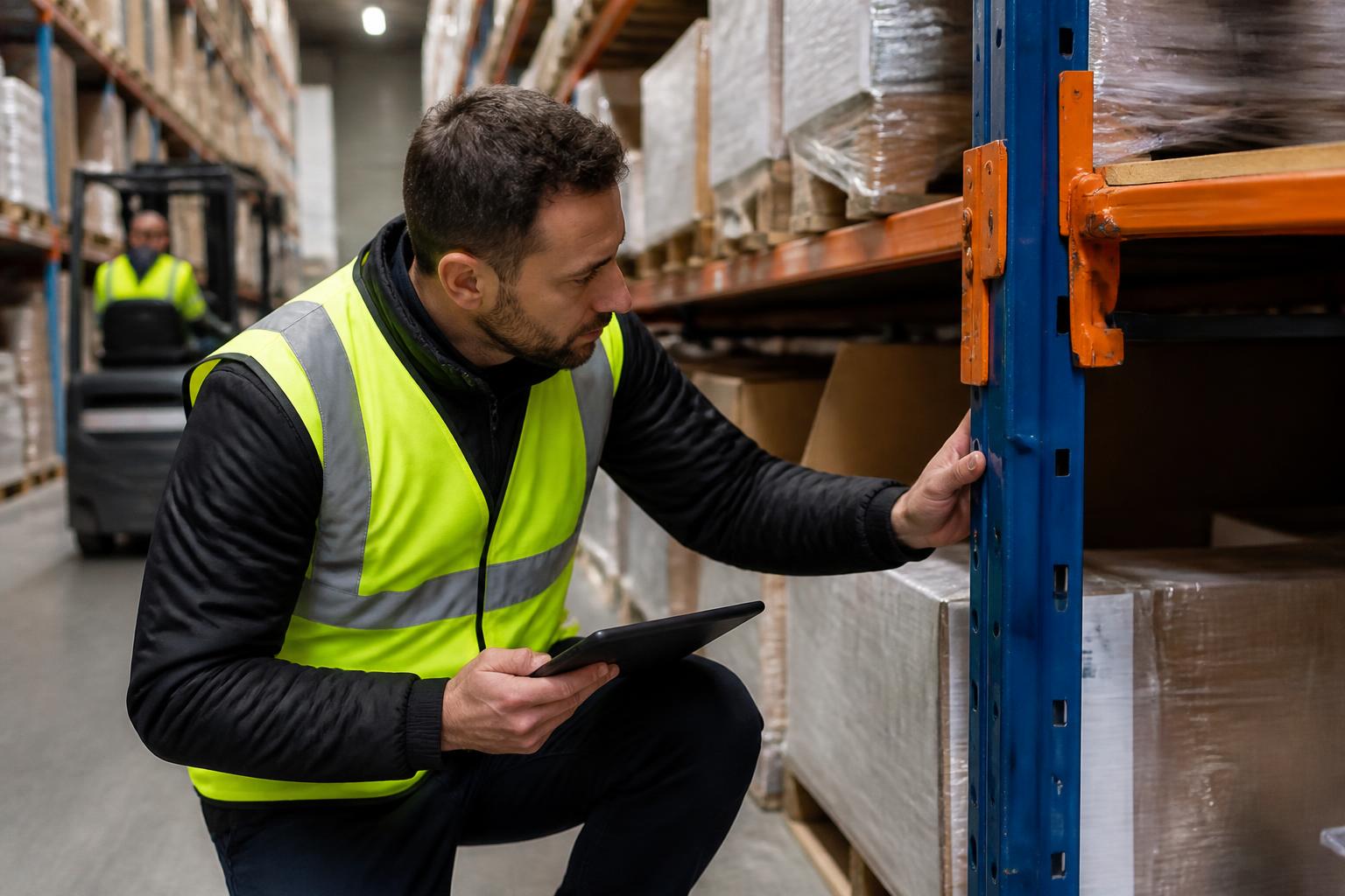 Racking inspector in hi-vis checking a dented upright beside a forklift aisle in a busy UK warehouse, stock on the shelves above