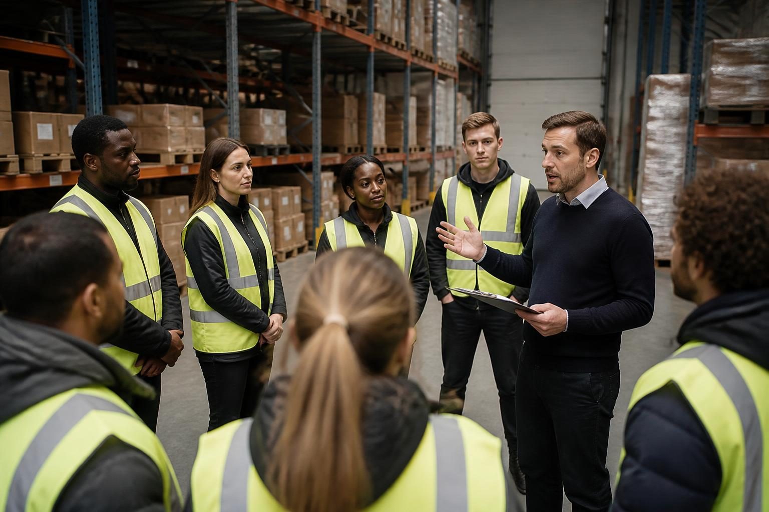 Temporary warehouse staff at an induction briefing run by an agency manager
