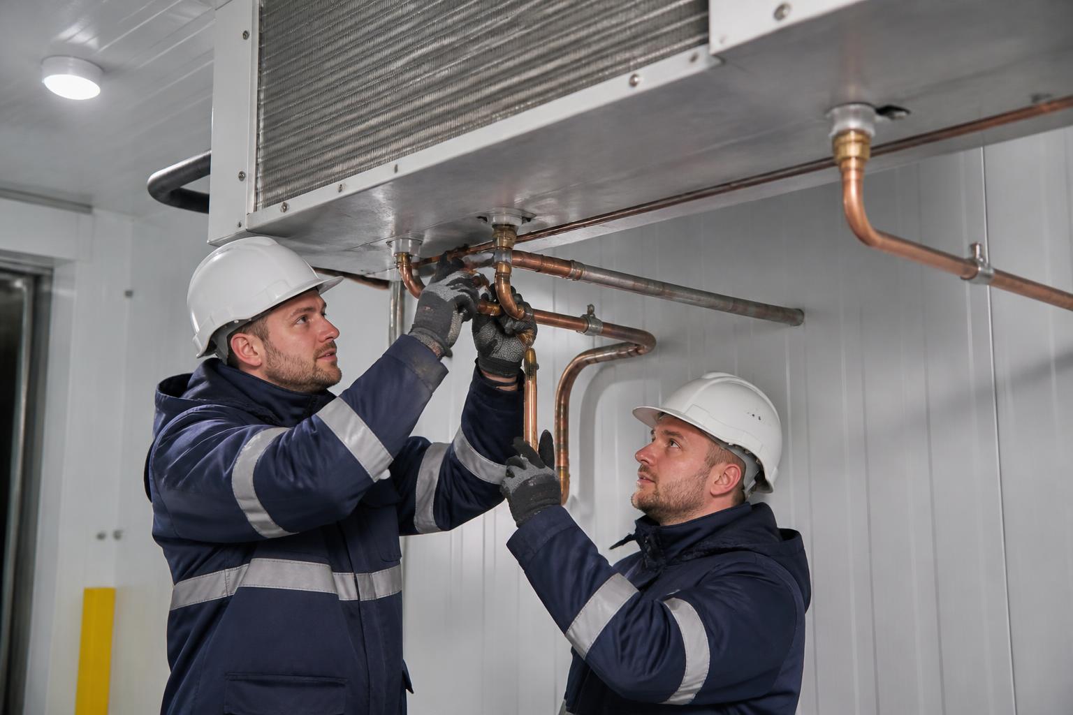 Refrigeration Engineers Insurance 2 Two engineers fitting evaporator pipework inside a walk-in cold room at a UK food distribution site