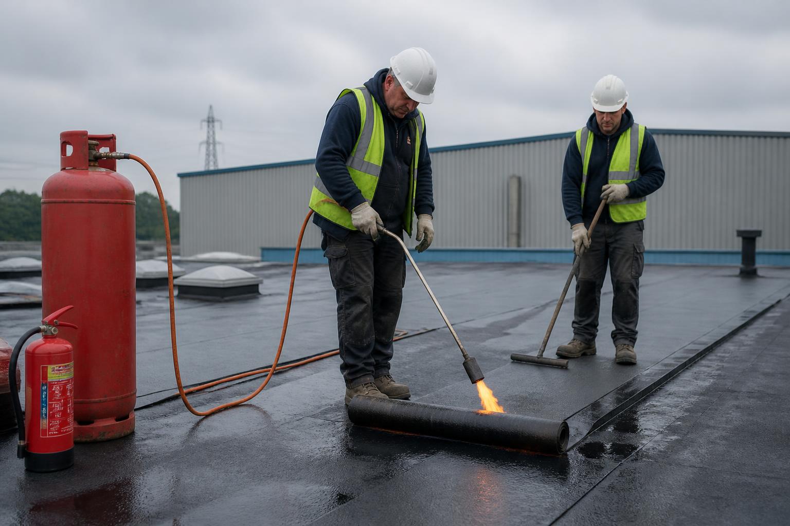 Roofers Insurance 2 Two roofers rolling out torch-on membrane on the flat roof of a UK industrial unit, gas bottle and fire extinguisher beside them