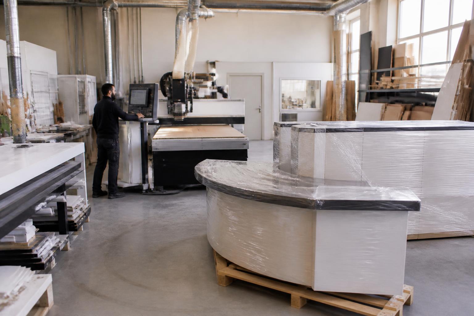 Shop Fitters Insurance 2 Joinery workshop with CNC machine and finished shop counters wrapped for delivery