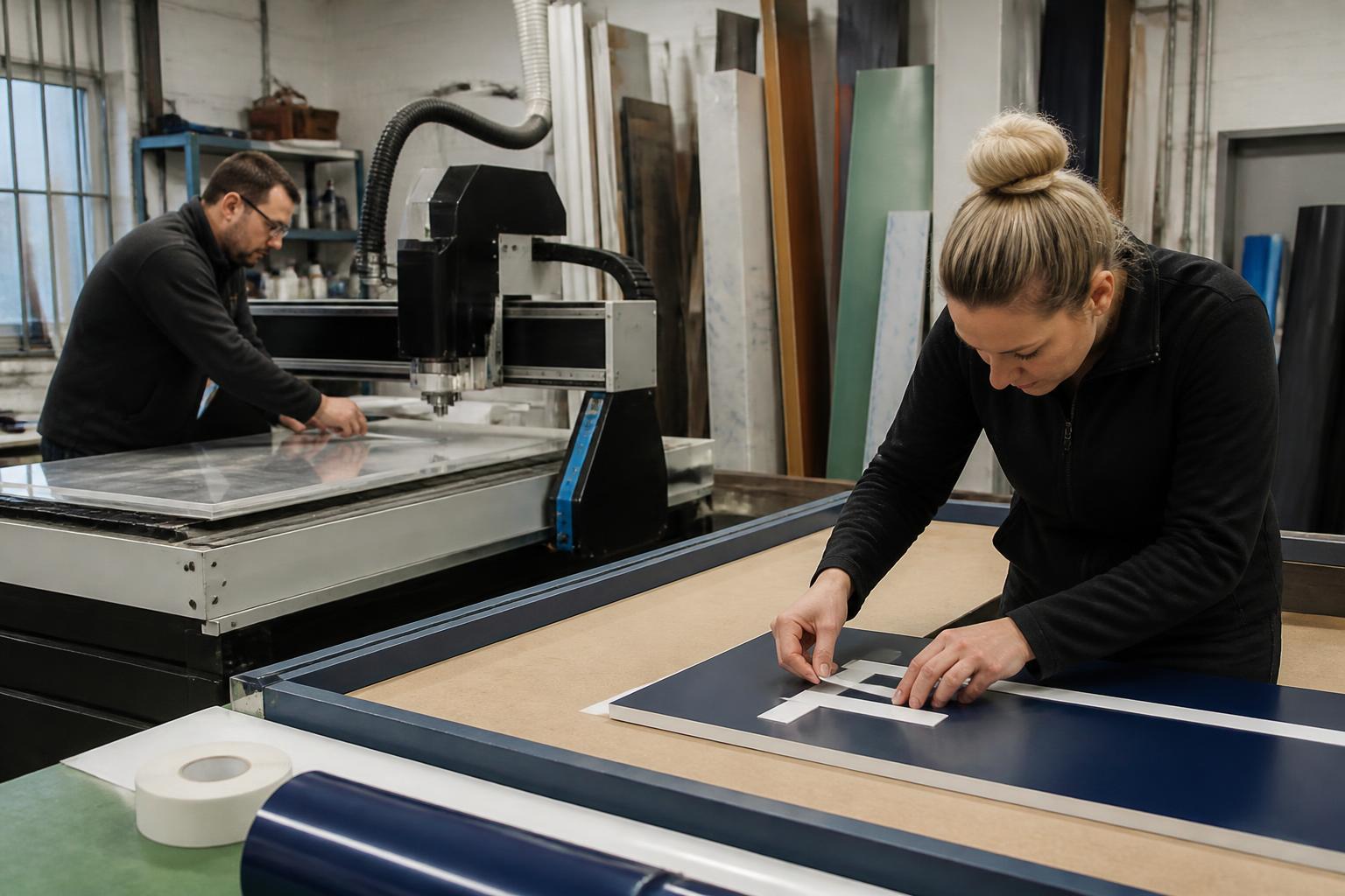 Sign workshop where a technician feeds acrylic sheet into a CNC router while a colleague applies vinyl lettering to an aluminium panel