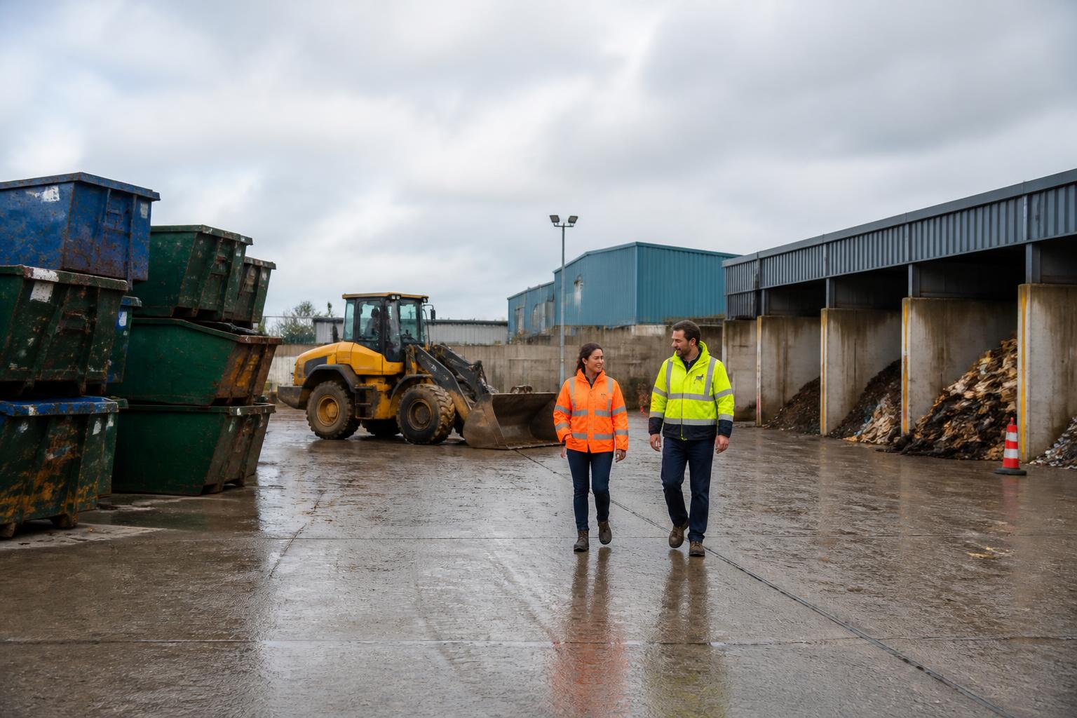 Waste transfer station yard with stacked skips, a loading shovel and sorted waste bays