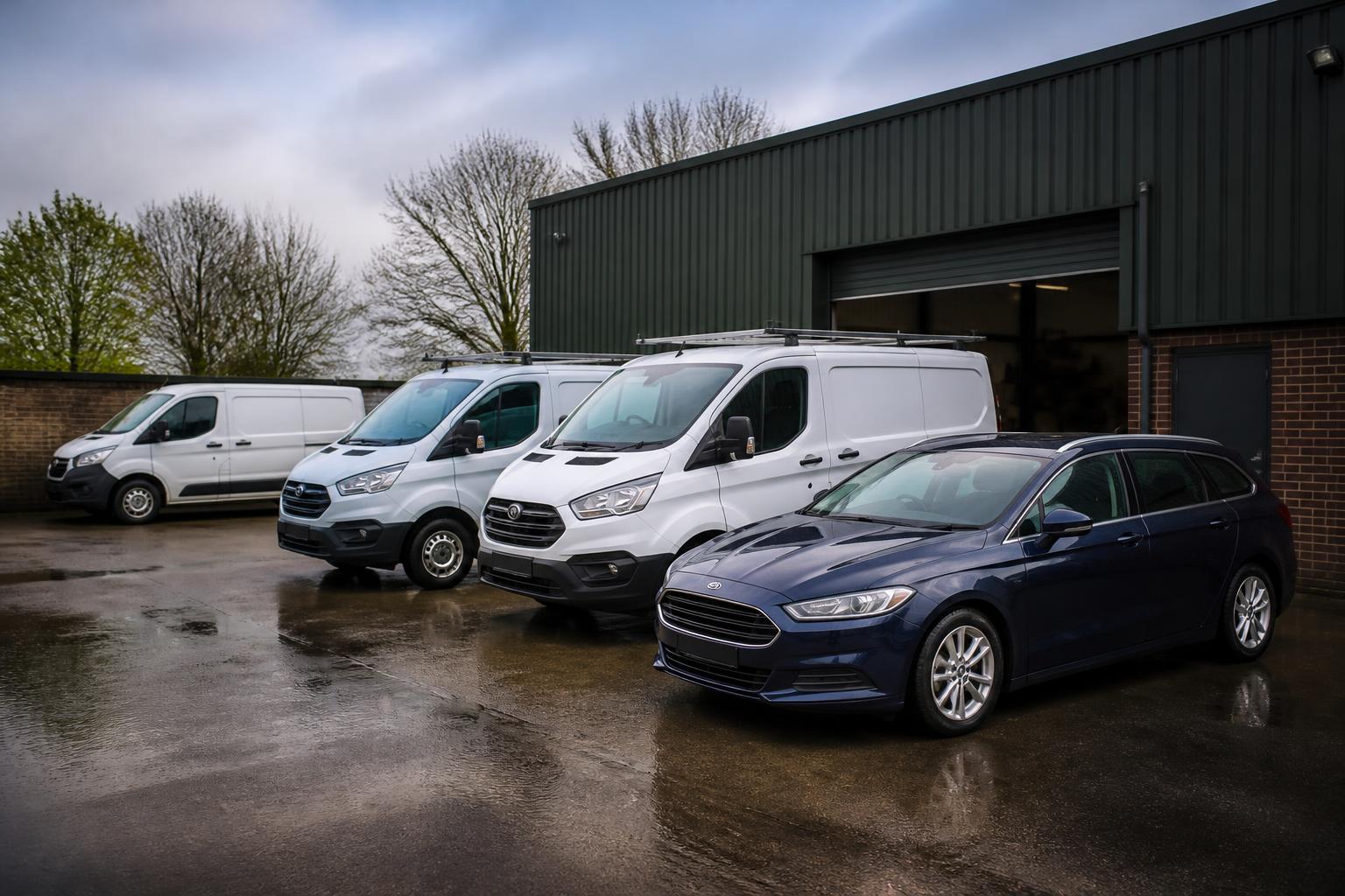 Small Business Fleet Insurance 2 Small UK business yard with a few liveried vans and a company estate car parked outside a workshop