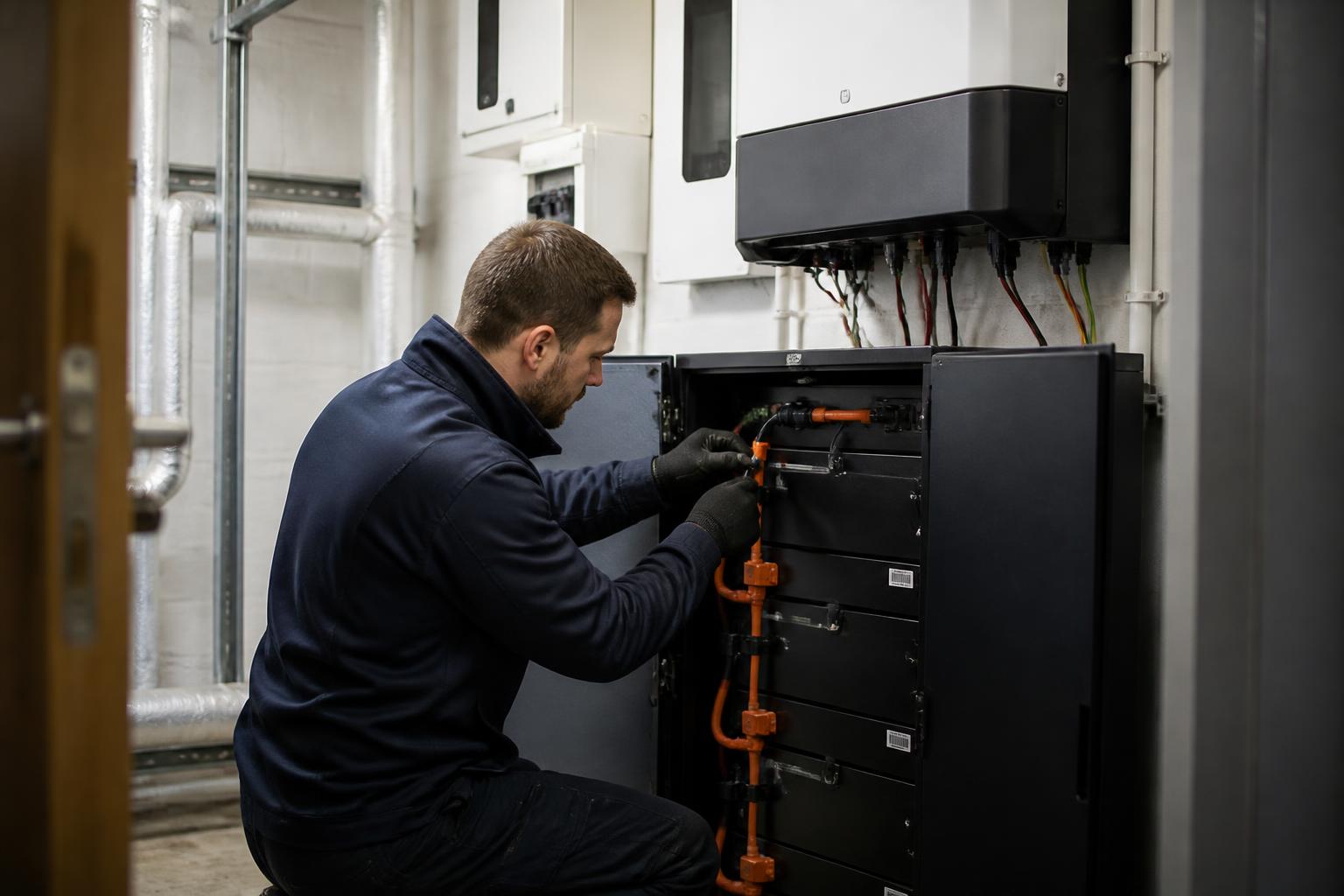 Solar Panel Installation Insurance 2 Installer wiring a battery storage unit and inverter in the plant room of a UK office building