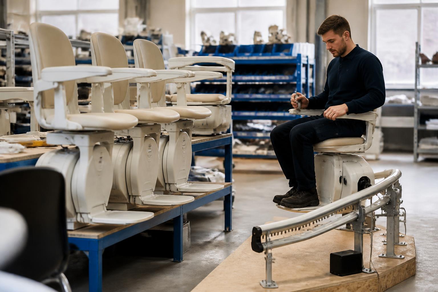 UK stair lift workshop with reconditioned lift chairs lined up on benches and an engineer testing a carriage on a short length of rail
