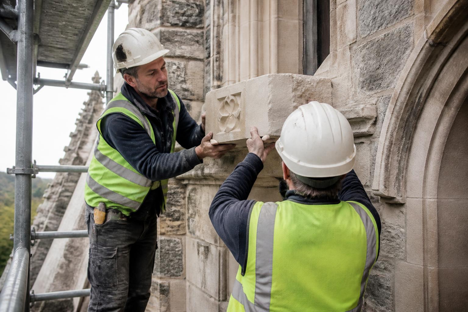 Fixer masons in hard hats setting a carved stone block into the restored facade of a UK church from a scaffold