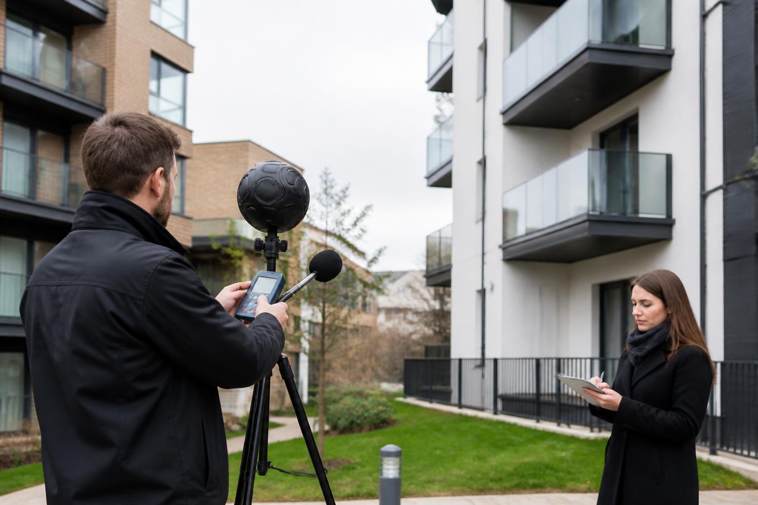Acoustic consultant setting up a sound level meter and loudspeaker between two new flats in a UK apartment block, with a colleague recording results