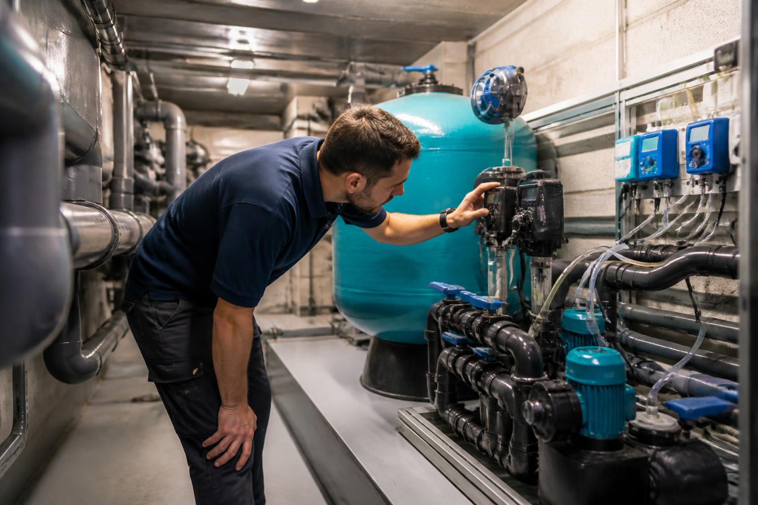 Pool engineer checking pumps, sand filters and chemical dosing equipment in a hotel swimming pool plant room in the UK