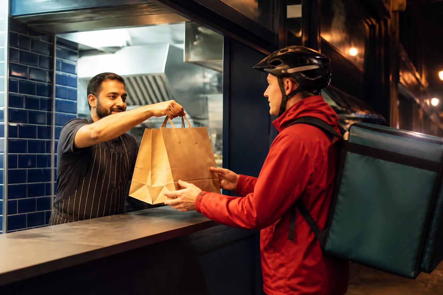 Takeaway Insurance 2 Delivery driver collecting bagged orders from the counter of a UK high street takeaway at night