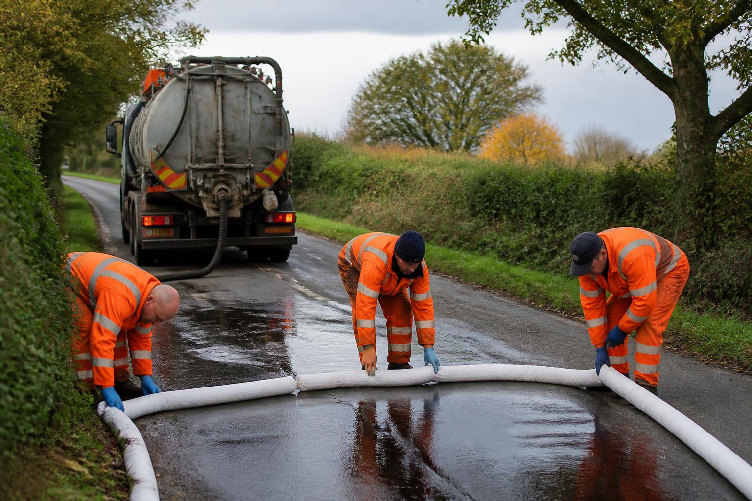 Pollution control crew in orange coveralls laying absorbent booms across a rural UK road after a diesel spill, a vacuum tanker parked behind them