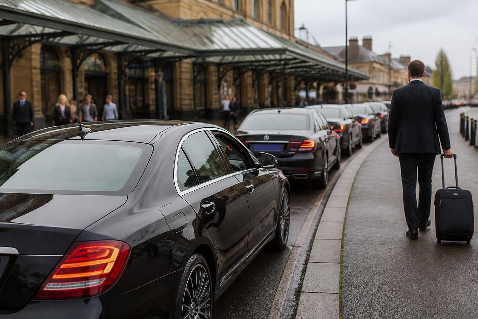 A row of private hire saloon cars waiting outside a UK railway station