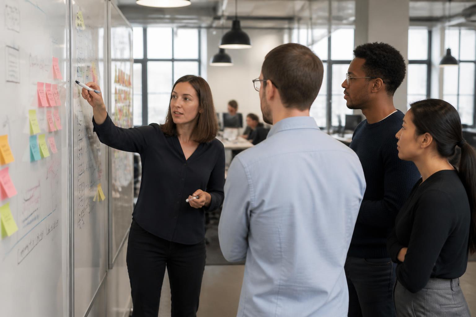 Product team planning a release at a whiteboard in a modern open plan office