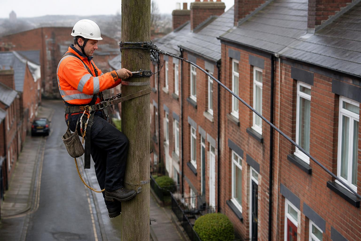 Telecoms Engineers Insurance 2 Engineer in a climbing harness at the top of a wooden telegraph pole running a drop cable to a terraced house in a northern English town