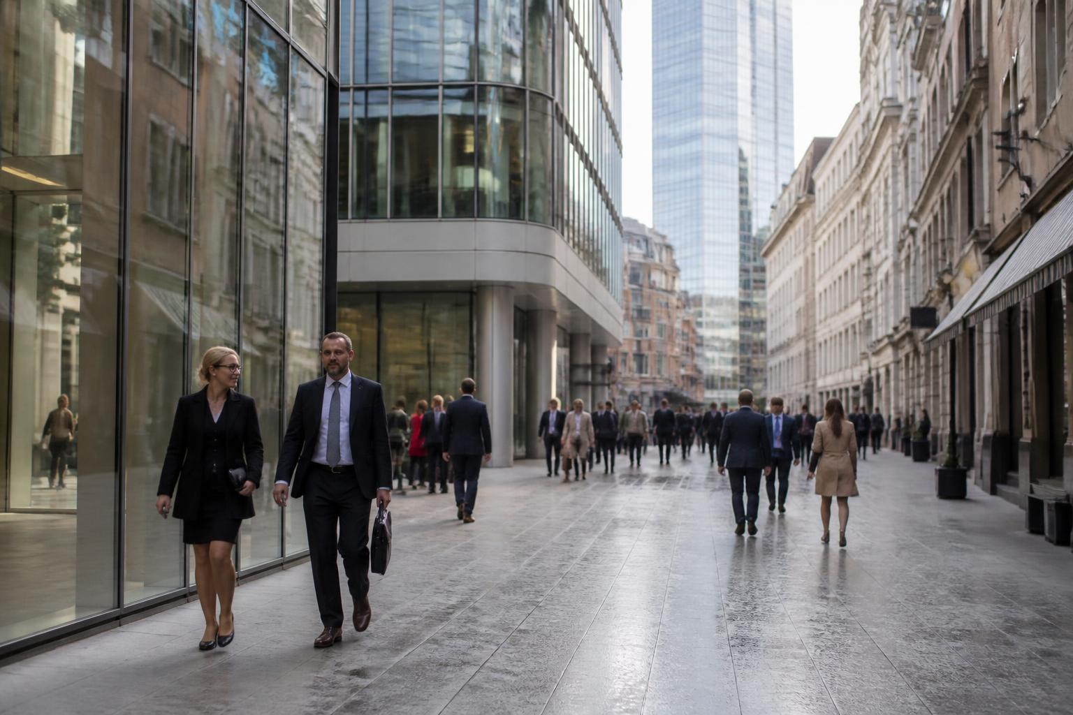 Glass fronted UK office building and shopping street in a city centre business district