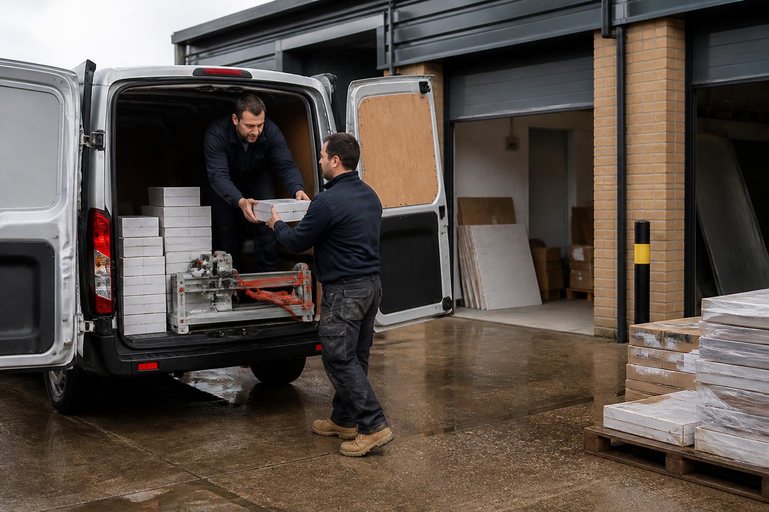 Tiling contractor's van being loaded with tile boxes and a wet saw outside a UK trade unit