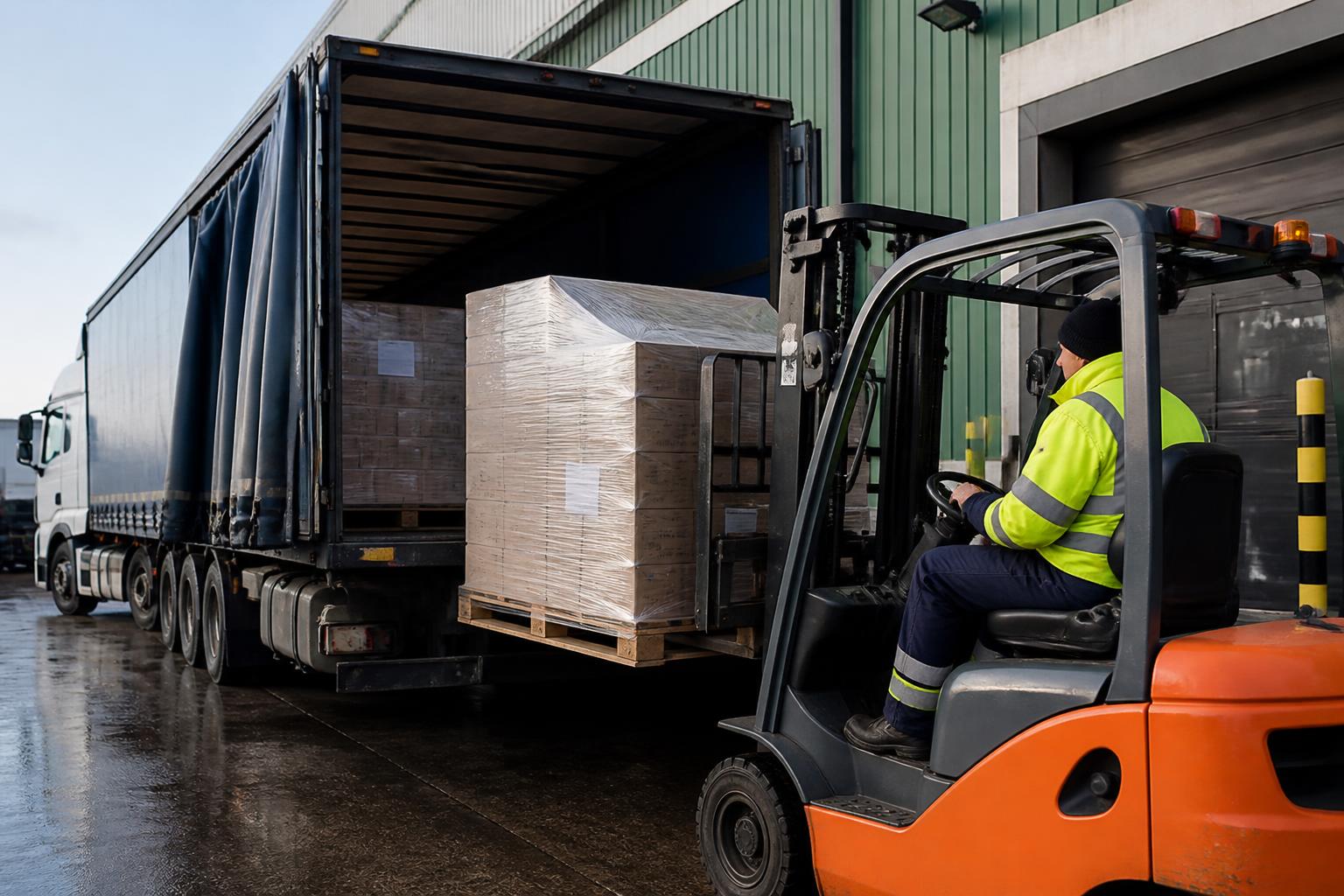 Trade Credit Insurance 2 Pallets of packaged goods being loaded for dispatch at a UK distribution centre